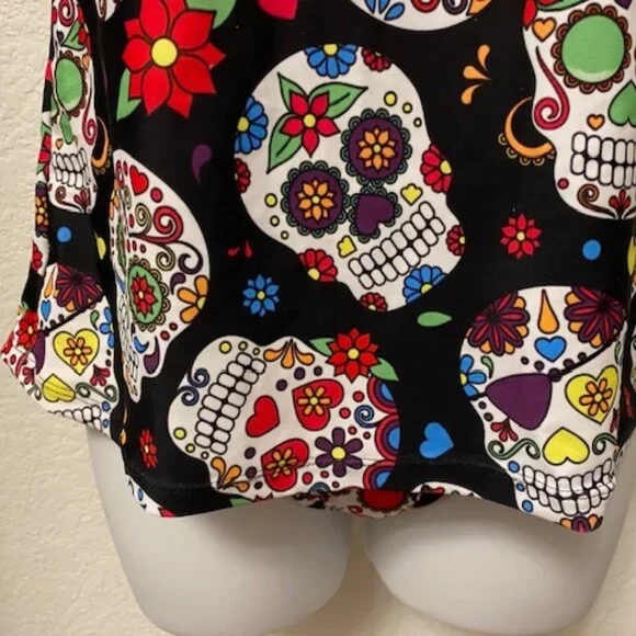 SUGAR SKULL Black Skulls & Flowers DAY OF DEAD Full Coverage TANKINI Swimsuit S - Picture 5 of 11